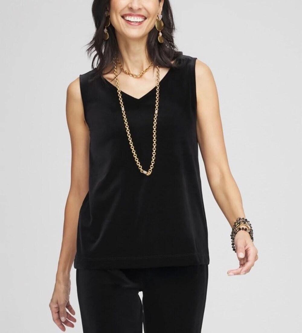 Chico’s Travelers Reversible Velvet Tank Black V-Neck Scoop Neck Size 2 (L)